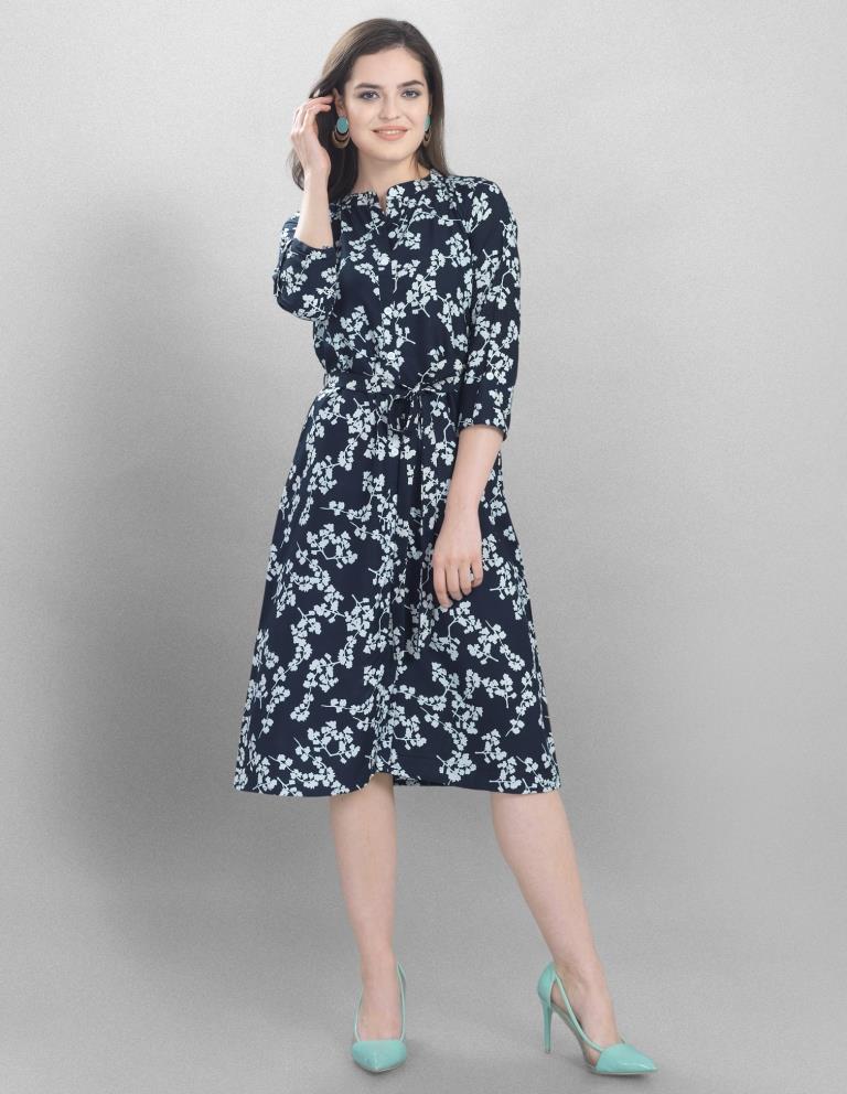 Whimsical Navy Blue Coloured Printed Crepe Dress | Sudathi