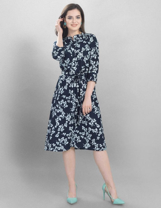 Whimsical Navy Blue Coloured Printed Crepe Dress | Sudathi