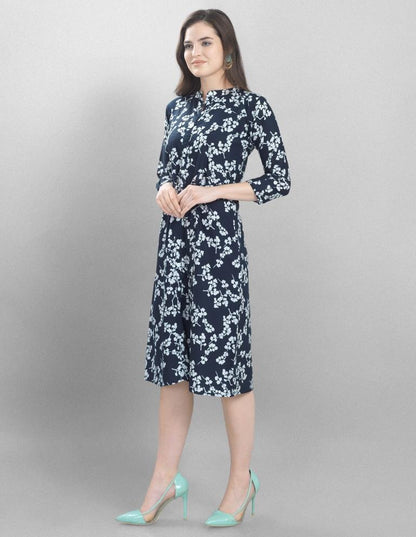 Whimsical Navy Blue Coloured Printed Crepe Dress | Sudathi