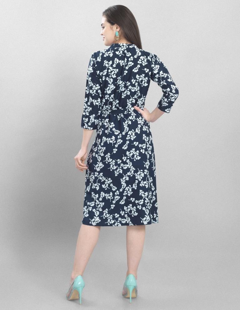 Whimsical Navy Blue Coloured Printed Crepe Dress | Sudathi