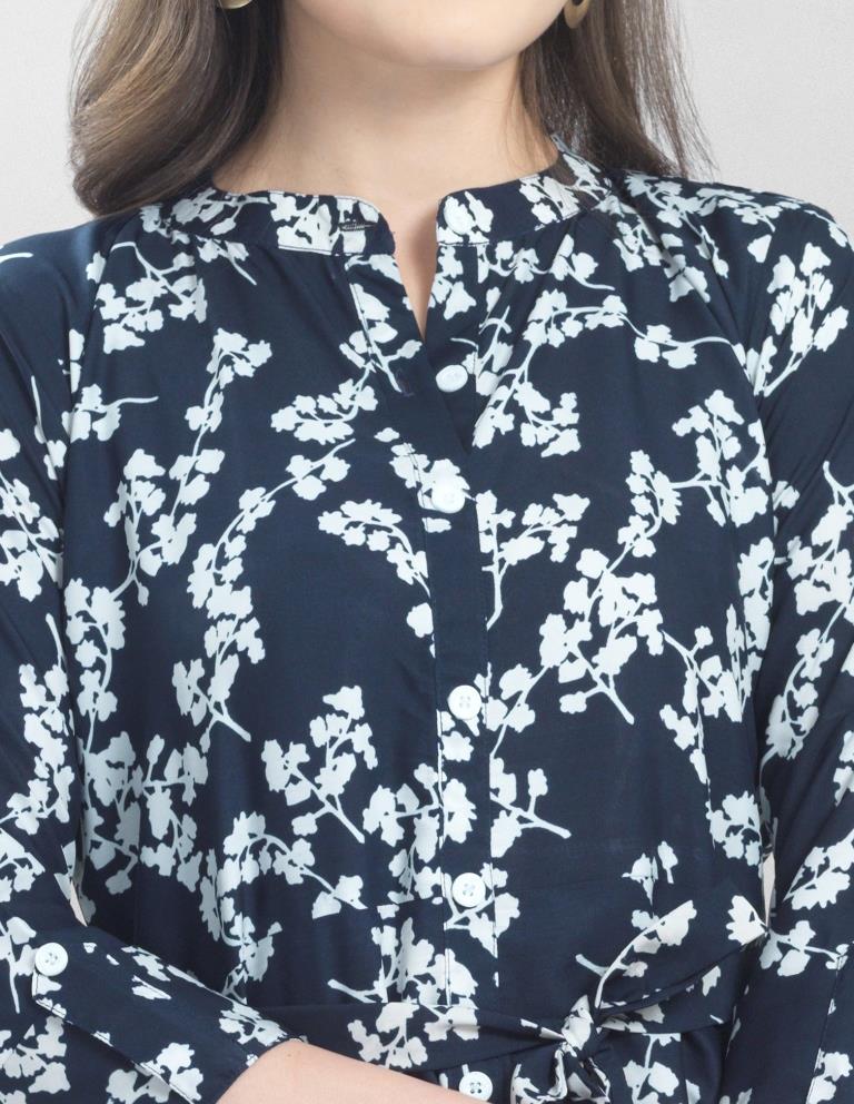 Whimsical Navy Blue Coloured Printed Crepe Dress | Sudathi