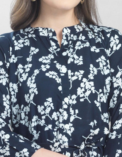Whimsical Navy Blue Coloured Printed Crepe Dress | Sudathi