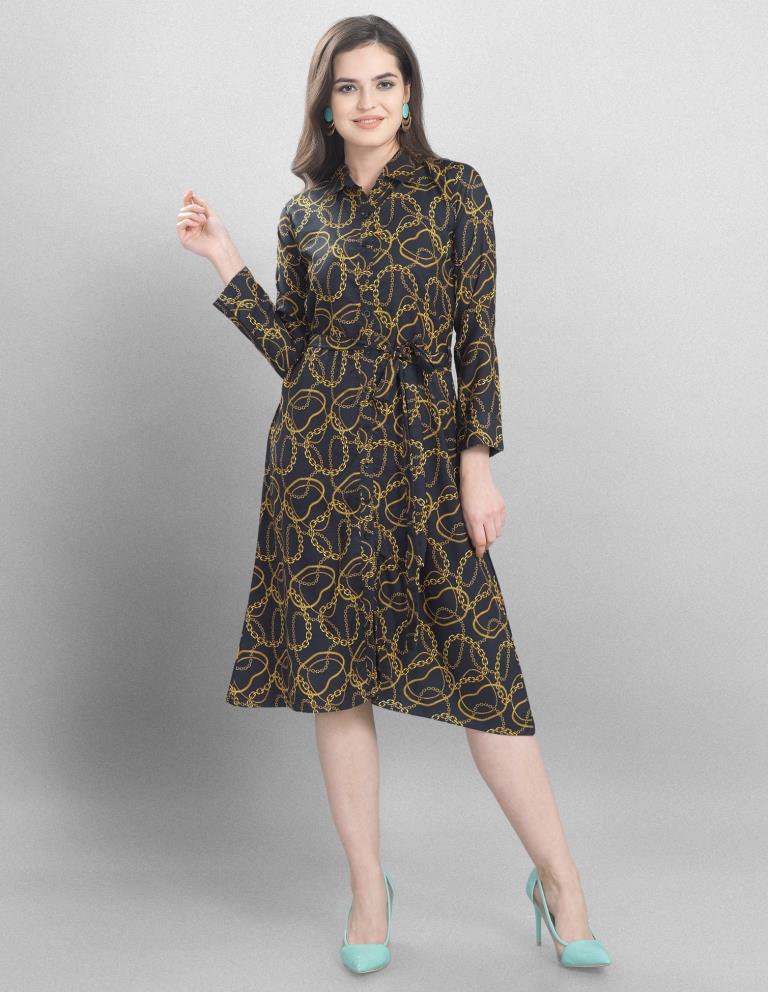 Lustrous Black Coloured Printed Crepe Dress | Sudathi