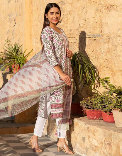 White Printed Rayon Straight Kurta With Pant And Dupatta