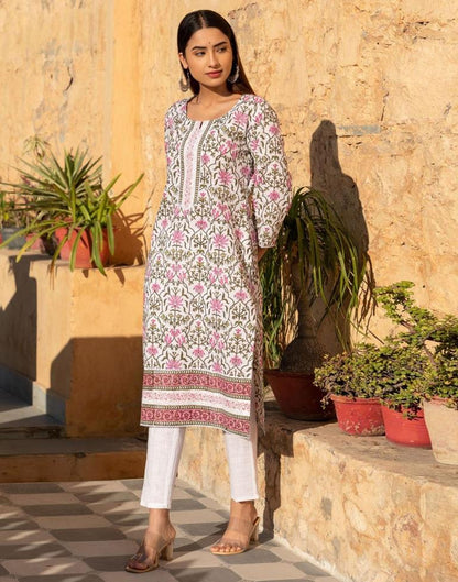 White Printed Rayon Straight Kurta With Pant And Dupatta