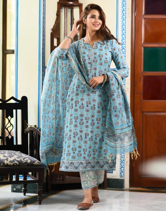 Sky Blue Digital Ped Kurta With Pant And Dupatta