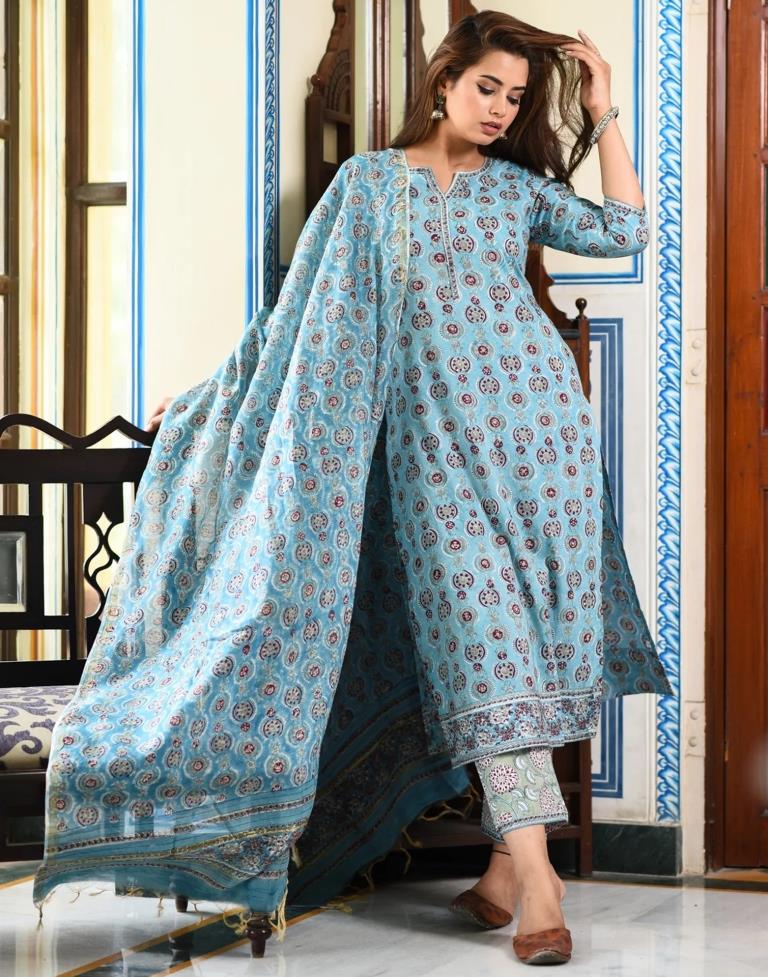 Sky Blue Digital Ped Kurta With Pant And Dupatta