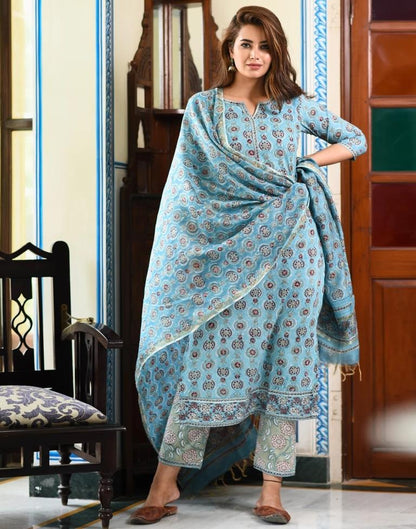 Sky Blue Digital Ped Kurta With Pant And Dupatta