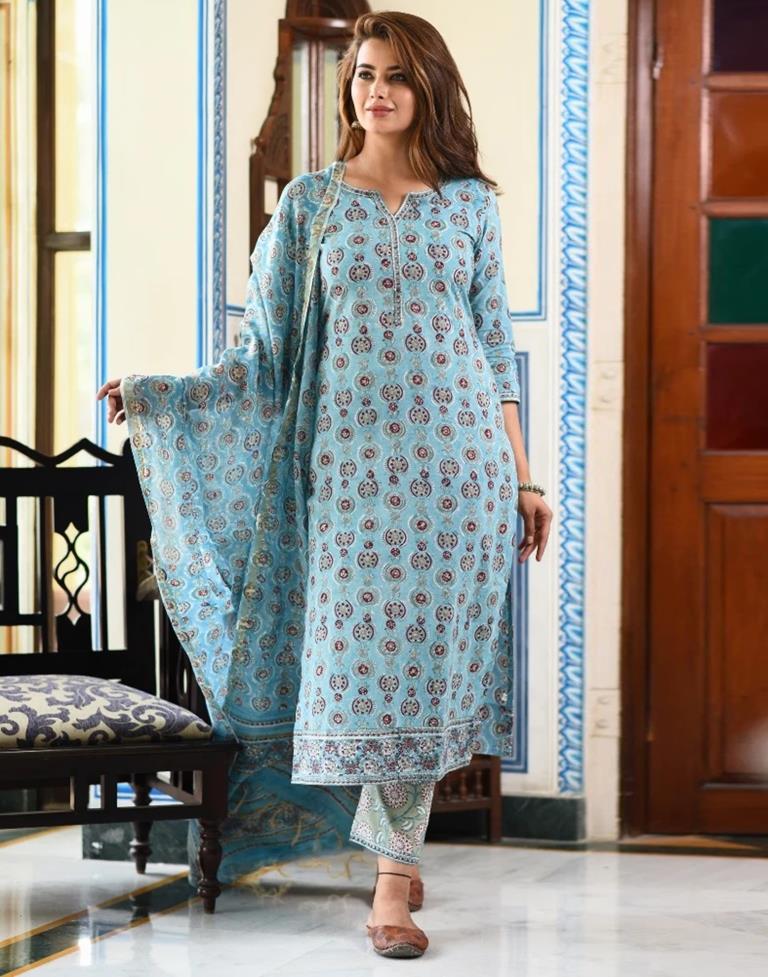Sky Blue Digital Ped Kurta With Pant And Dupatta