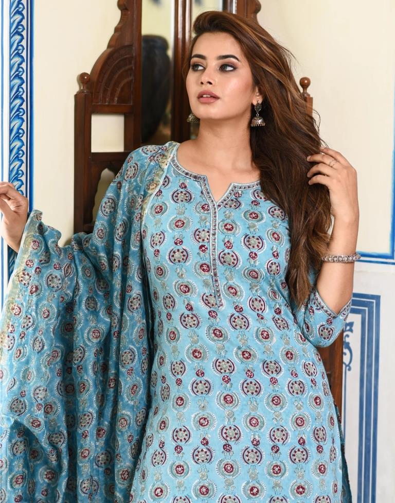 Sky Blue Digital Ped Kurta With Pant And Dupatta
