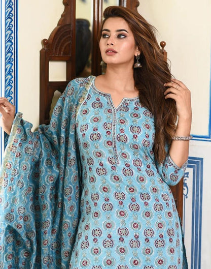 Sky Blue Digital Ped Kurta With Pant And Dupatta