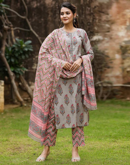 Grey Printed Rayon Straight Kurta With Pant And Dupatta