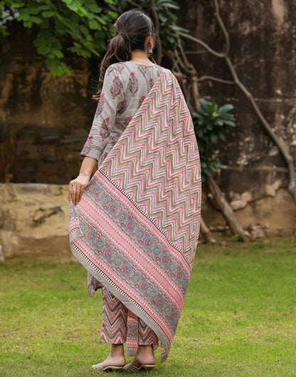 Grey Printed Rayon Straight Kurta With Pant And Dupatta