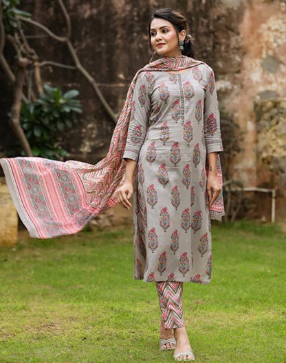 Grey Printed Rayon Straight Kurta With Pant And Dupatta