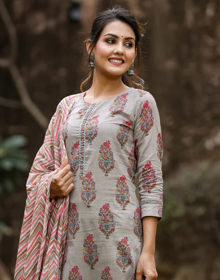 Grey Printed Rayon Straight Kurta With Pant And Dupatta