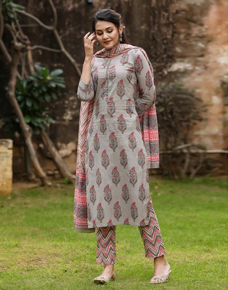 Grey Printed Rayon Straight Kurta With Pant And Dupatta