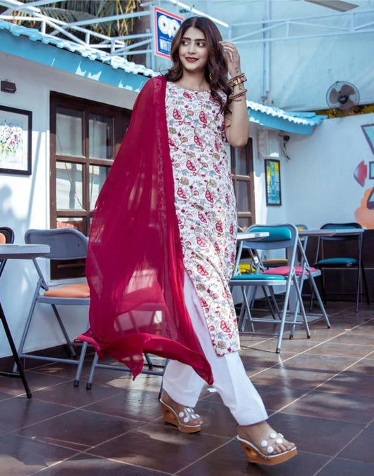 White Digital Printed Straight Kurta With Pant And Dupatta