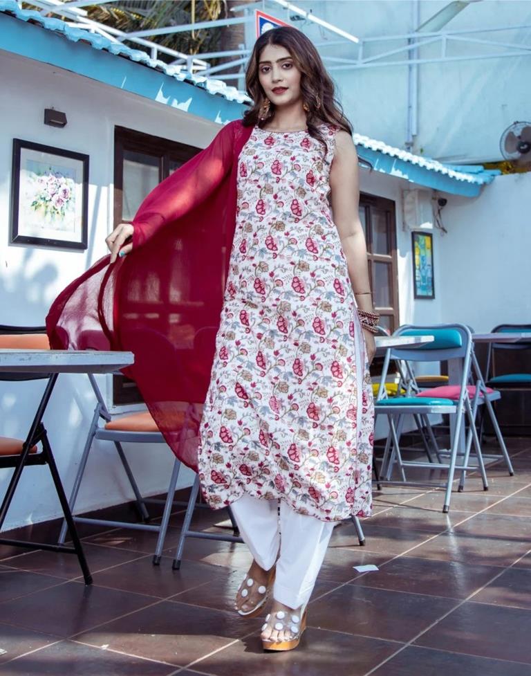 White Digital Printed Straight Kurta With Pant And Dupatta