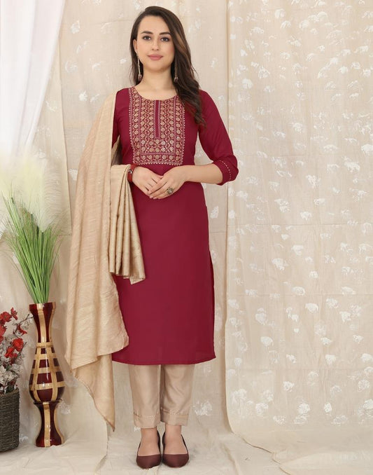 Maroon Cotton Embroidery Straight Kurta With Pant And Dupatta | Leemboodi