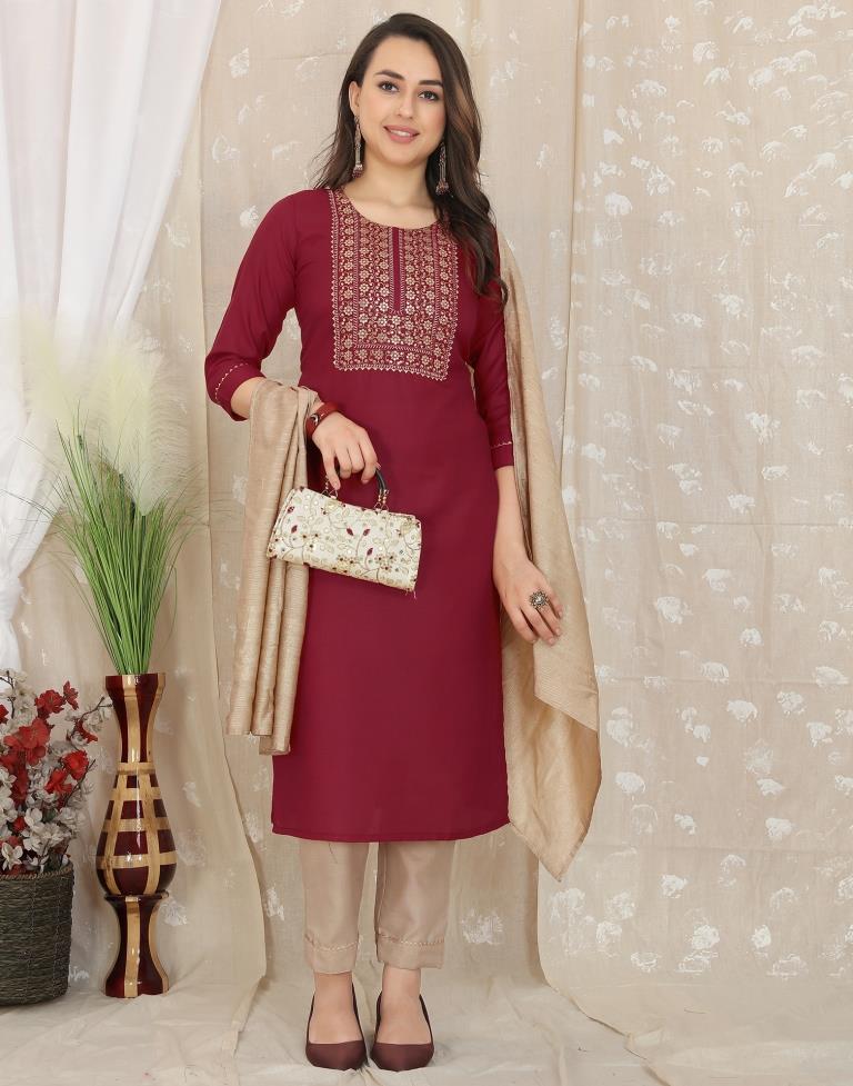 Maroon Cotton Embroidery Straight Kurta With Pant And Dupatta | Leemboodi