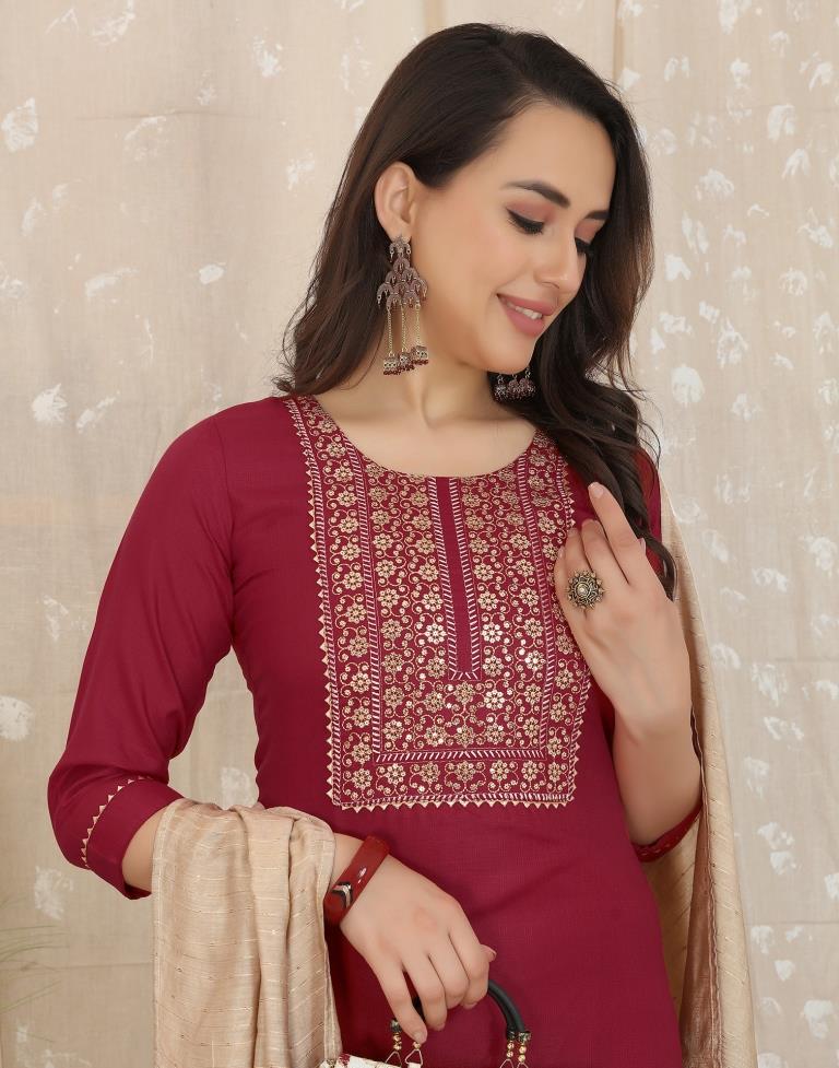 Maroon Cotton Embroidery Straight Kurta With Pant And Dupatta | Leemboodi