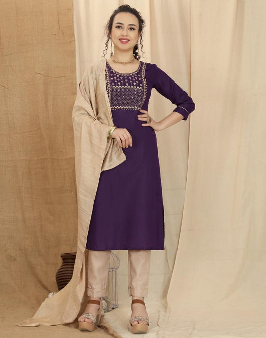 Purple Cotton Embroidery Straight Kurta With Pant And Dupatta | Leemboodi