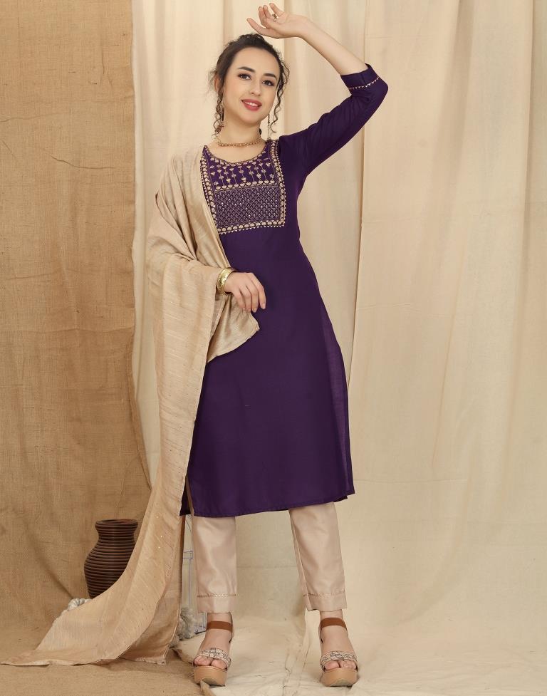 Purple Cotton Embroidery Straight Kurta With Pant And Dupatta | Leemboodi