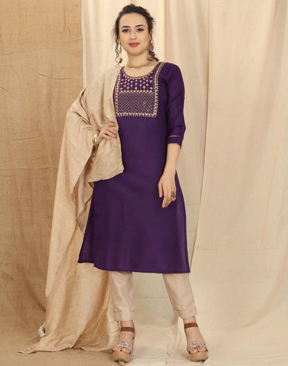 Purple Cotton Embroidery Straight Kurta With Pant And Dupatta | Leemboodi