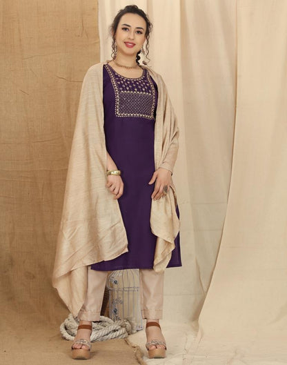 Purple Cotton Embroidery Straight Kurta With Pant And Dupatta | Leemboodi