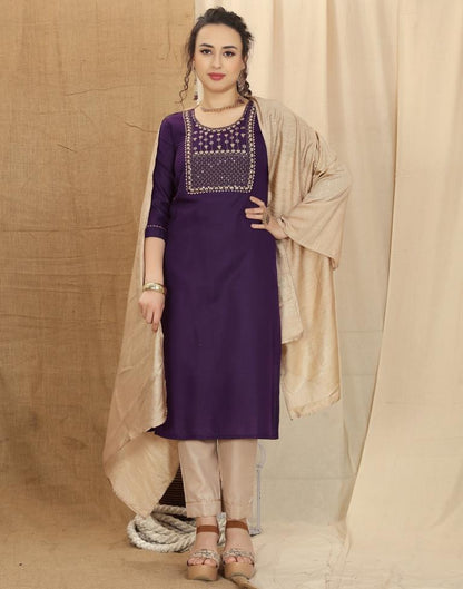 Purple Cotton Embroidery Straight Kurta With Pant And Dupatta | Leemboodi