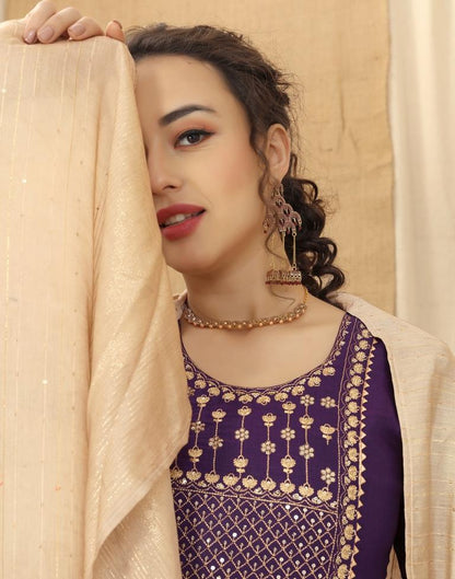 Purple Cotton Embroidery Straight Kurta With Pant And Dupatta | Leemboodi