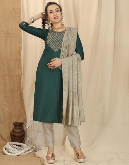 Green Cotton Embroidery Straight Kurta With Pant And Dupatta | Leemboodi