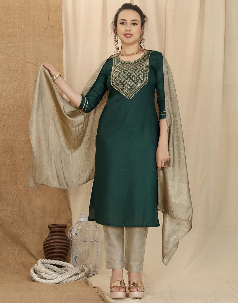 Green Cotton Embroidery Straight Kurta With Pant And Dupatta | Leemboodi