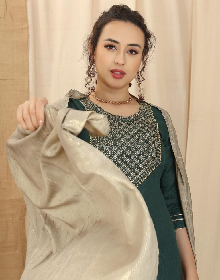 Green Cotton Embroidery Straight Kurta With Pant And Dupatta | Leemboodi