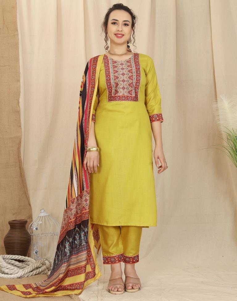 Mustard Yellow Cotton Printed Straight Kurta With Pant And Dupatta | Leemboodi