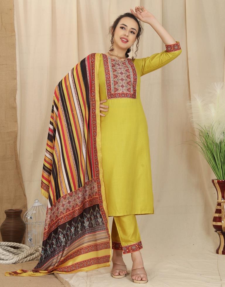 Mustard Yellow Cotton Printed Straight Kurta With Pant And Dupatta | Leemboodi