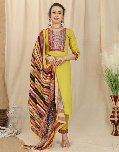 Mustard Yellow Cotton Printed Straight Kurta With Pant And Dupatta | Leemboodi