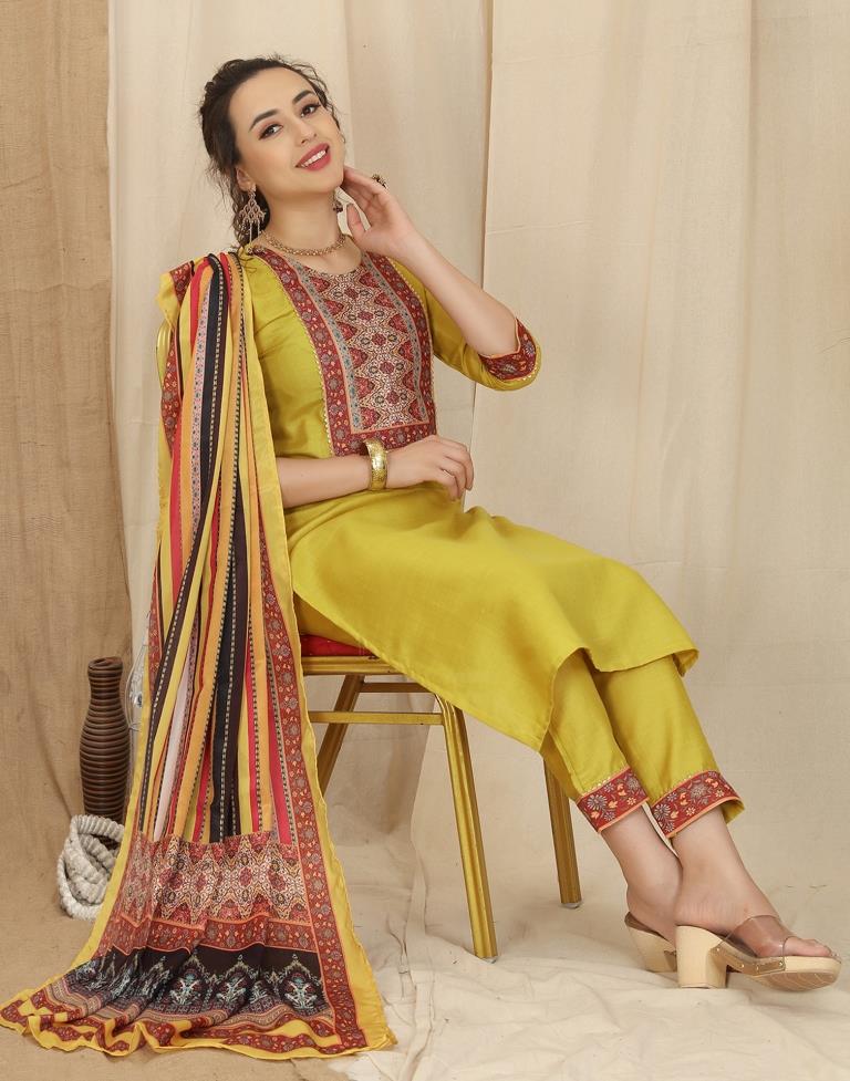 Mustard Yellow Cotton Printed Straight Kurta With Pant And Dupatta | Leemboodi