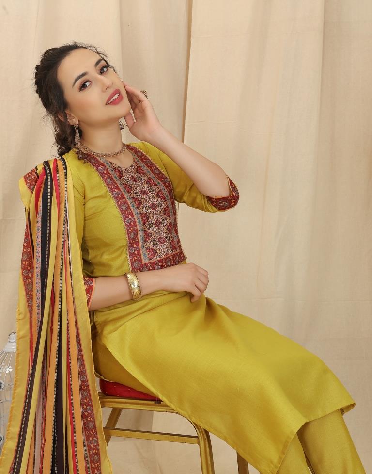 Mustard Yellow Cotton Printed Straight Kurta With Pant And Dupatta | Leemboodi