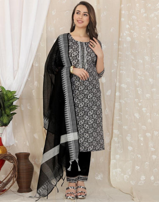 Black Cotton Printed Straight Kurta With Pant And Dupatta | Leemboodi