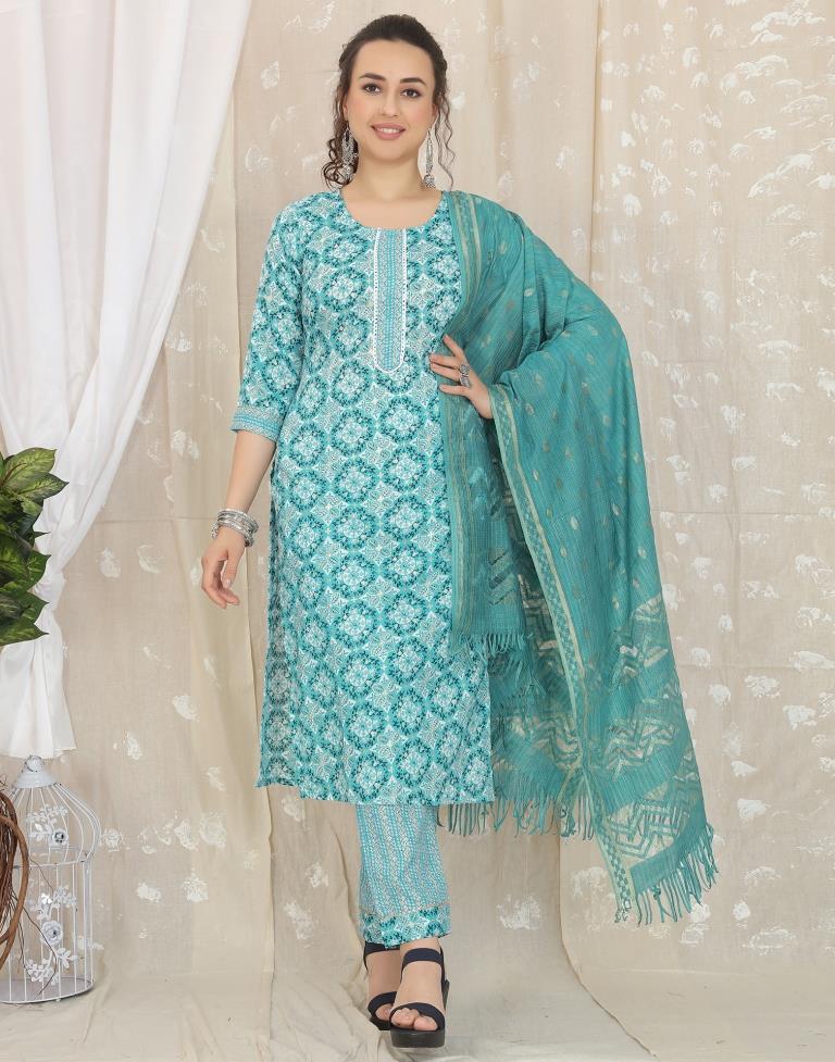 Turquoise Cotton Printed Straight Kurta With Pant And Dupatta | Leemboodi