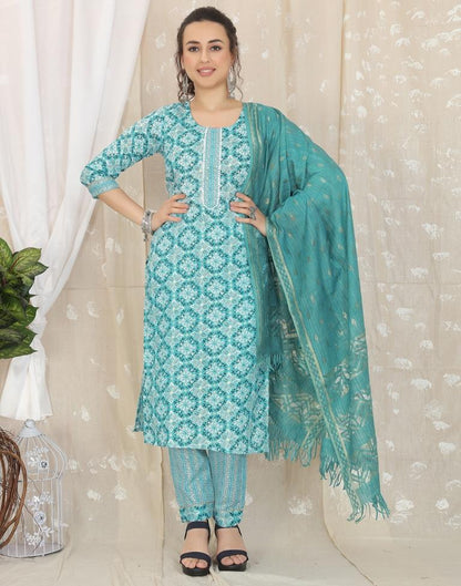 Turquoise Cotton Printed Straight Kurta With Pant And Dupatta | Leemboodi