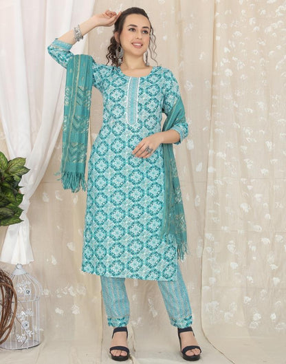 Turquoise Cotton Printed Straight Kurta With Pant And Dupatta | Leemboodi