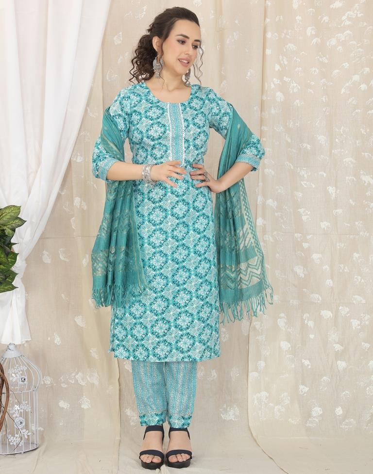 Turquoise Cotton Printed Straight Kurta With Pant And Dupatta | Leemboodi