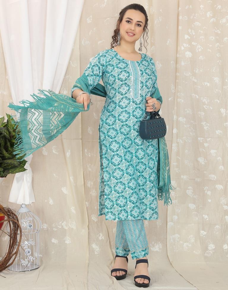 Turquoise Cotton Printed Straight Kurta With Pant And Dupatta | Leemboodi