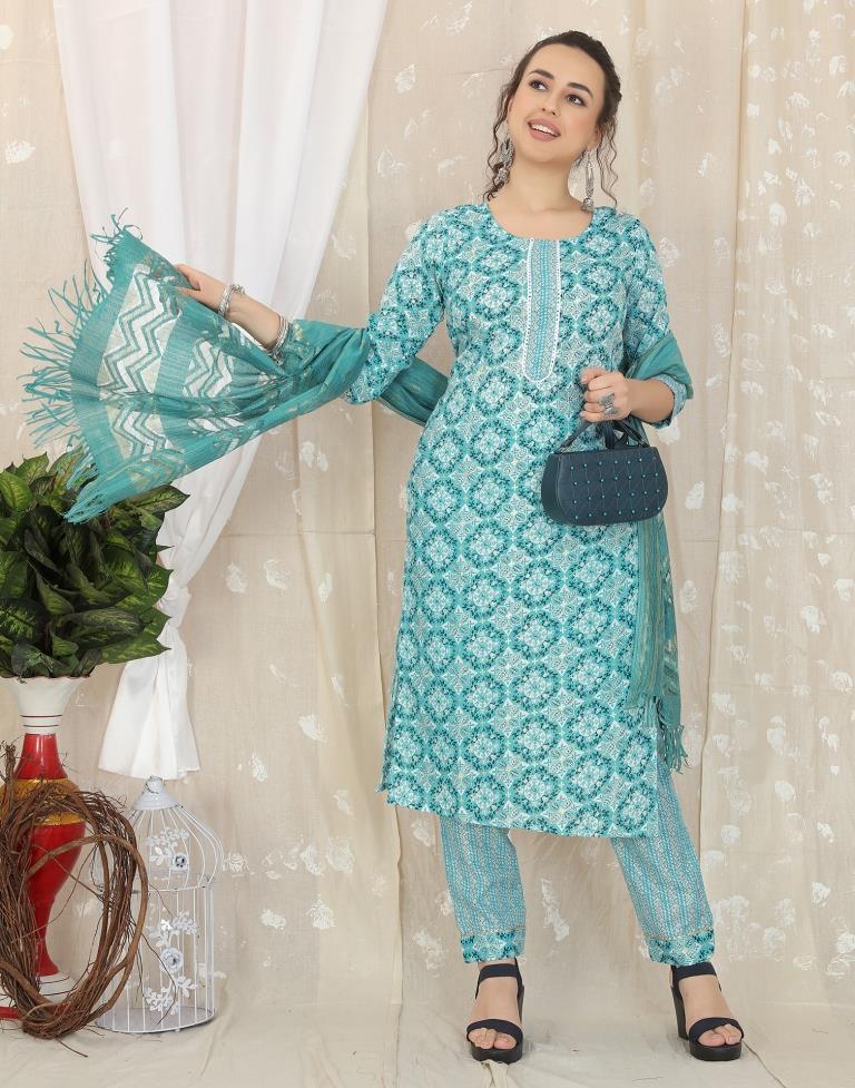 Turquoise Cotton Printed Straight Kurta With Pant And Dupatta | Leemboodi