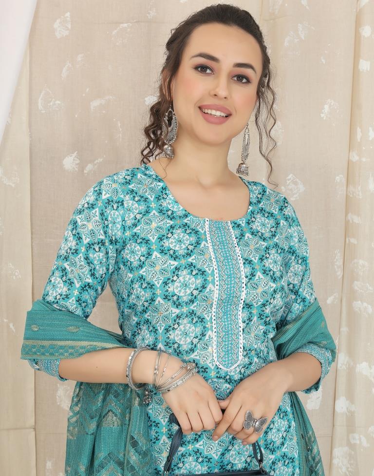 Turquoise Cotton Printed Straight Kurta With Pant And Dupatta | Leemboodi