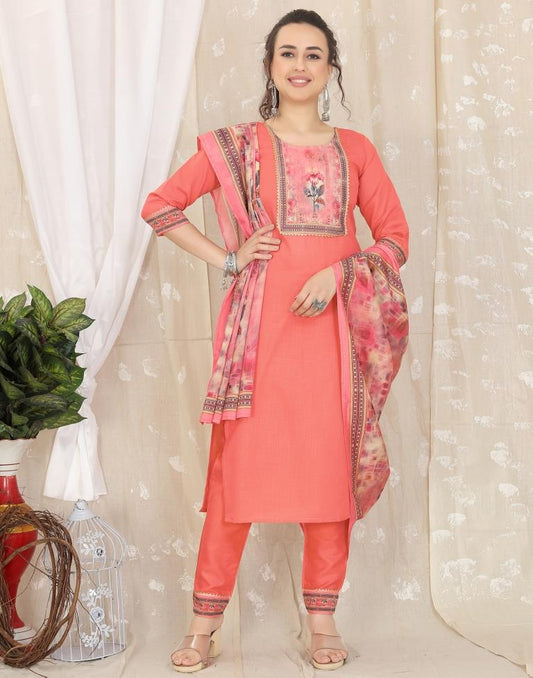 Peach Cotton Printed Straight Kurta With Pant And Dupatta | Leemboodi