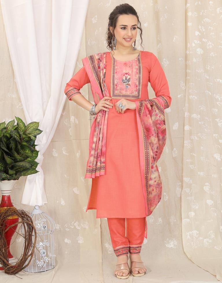 Peach Cotton Printed Straight Kurta With Pant And Dupatta | Leemboodi