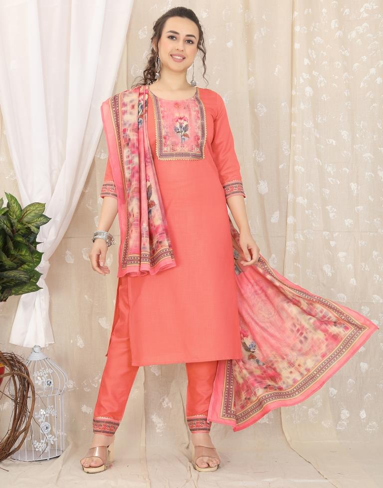 Peach Cotton Printed Straight Kurta With Pant And Dupatta | Leemboodi